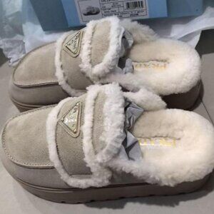 Prada Beige Suede Shearling Mules